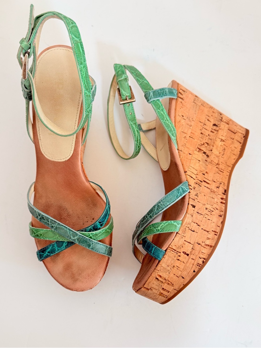 Prada Croc Embossed Leather Cork Platform Wedge Sandals Green Blue EU 36